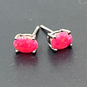 Sterling Silver S925 Lab Created Oval Pink Fire Opal Stud Earrings